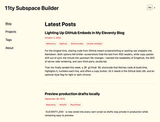 Screenshot of the 11ty Subspace Builder homepage with recent posts listed