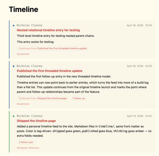 This is what the threaded timeline feature looks like: a color-coded timeline feed with continues-from and follow-up relationship cues between entries