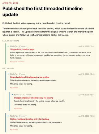 Timeline entry detail page showing a parent entry above the current entry and follow-ups below